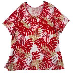 Coral Bay T-Shirt Size 3X Red Tan Tropical Fern Print Stretch Knit Top Cotton
